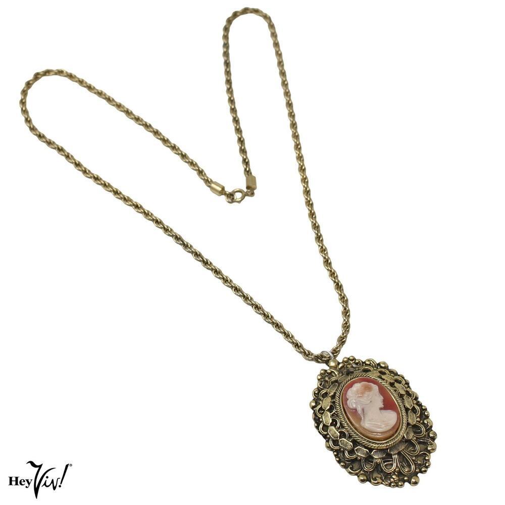 Vintage Cameo Pendant Statement Necklace Gold Tone Filigree Frame 24” - Hey Viv